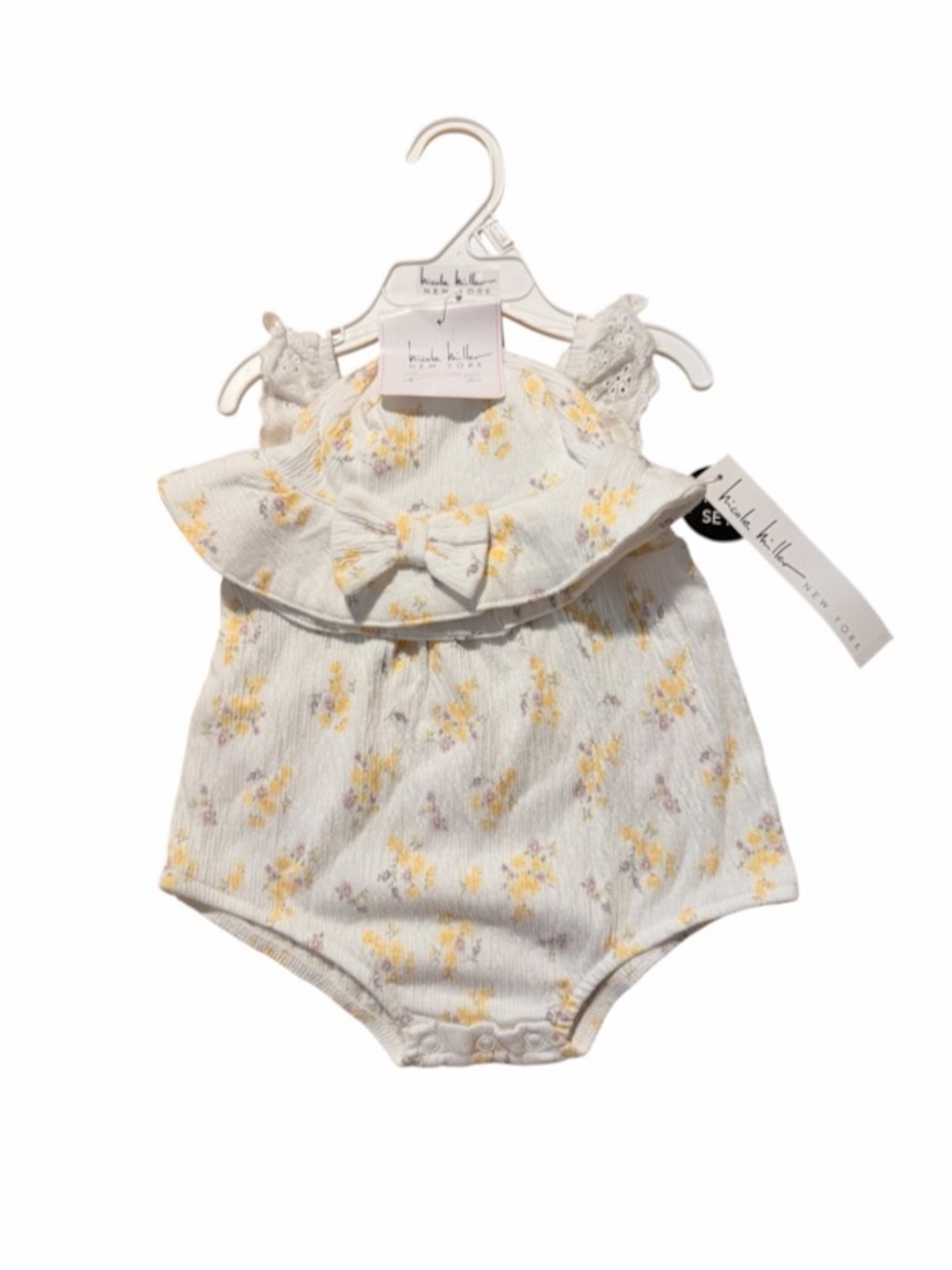 NWT Nicole Miller Baby Girl Floral Bubble Romper & Sunhat Set size 6-9 months